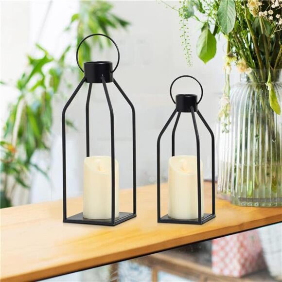 Modern Farmhouse Lantern Decor- Black Metal Candle Lanterns for Christmas - Picture 2 of 7
